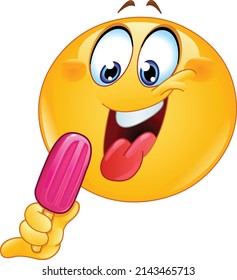 Happy yellow ball with tongue out getting ready to eat a Popsicle or an ice lolly pop 