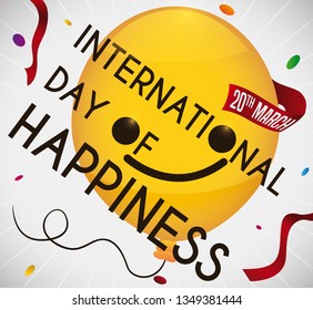 Happy yellow balloon with ribbon remembering at you the date to celebrate International Day of Happiness with a big party.