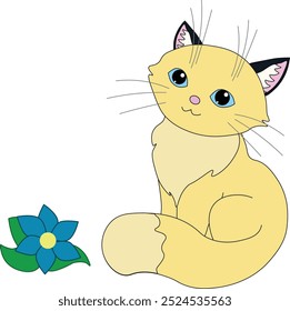 Gato beige amarillo feliz con los ojos azules y la cola esponjosa se sienta al lado de la flor azul, Vector común