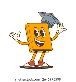 Happy yellow book character holding academic cap and spreading arms in cheerful welcoming gesture. Ideal for education and graduation themes. Vector illustration