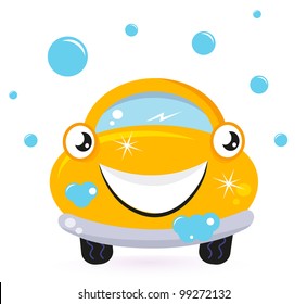 Happy yellow car wash isolated on white