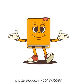 Happy yellow cartoon book mascot with red shoes and bookmark spreading arms in open welcoming gesture with joyful facial expression. Perfect for education and reading themes. Vector illustration