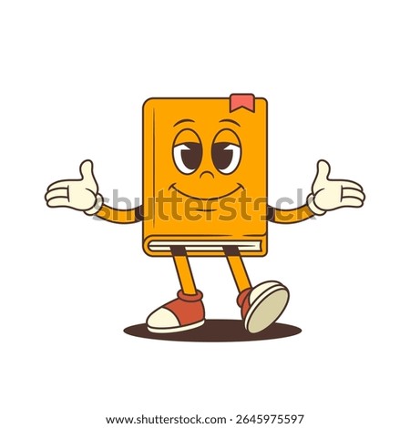 Happy yellow cartoon book mascot with red shoes and bookmark spreading arms in open welcoming gesture with joyful facial expression. Perfect for education and reading themes. Vector illustration