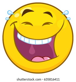 Happy Yellow Cartoon Emoji Face Character With Laughing Expression. Vector Illustration Isolated On White Background