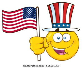 Happy Yellow Cartoon Emoji Face Character Wearing A Top Hat And Waving An American Flag. Vector Illustration Isolated On White Background