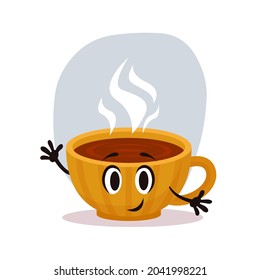 Happy yellow cartoon verctor cup of hot tea. Small cozy ceramic cup with smoke