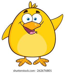 Happy Yellow Chick Cartoon Character Waving. Vector Illustration Isolated On White