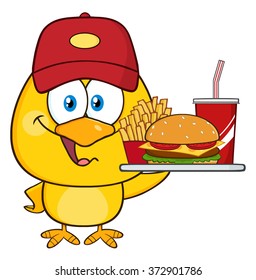 Happy Yellow Chick Cartoon Character Wearing A Baseball Cap And Holding A Fast Food Tray. Vector Illustration Isolated On White