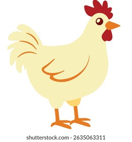 Happy yellow chicken cartoon with red comb, drawn in flat style for farm themes, education, and children illustrations.