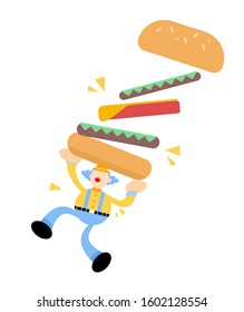 happy yellow clown and eat burger fast food cartoon doodle flat design style vector illustration