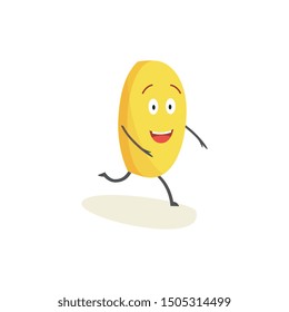 Happy yellow coin character is running cartoon style, vector illustration isolated on white background. Smiling money coin mascot as financial success or profit symbol