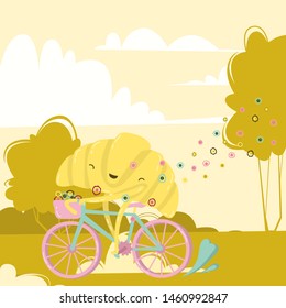 happy yellow croissant riding a bicycle, exudes happiness and joy in the form of bubbles 
