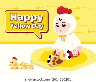 Happy yellow day Little kid in chicken costume with the cute chick post card