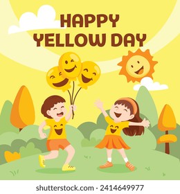 Feliz día amarillo, tarjeta postal de dos hijos celebra la fiesta