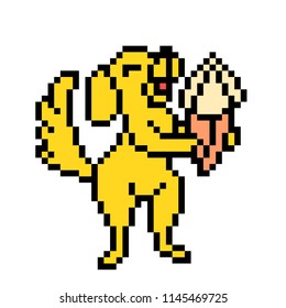 Happy yellow dog enjoying ice cream cone in the summer heat, cartoon pixel art character isolated on white background. Retro 80s; 90s slot machine/video game graphics. Funny street food logo.