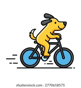 A happy yellow dog with floppy ears rides a bike with blue wheels on a road with motion blur, conveying a sense of fun and freedom outdoors.