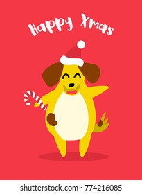 Happy yellow dog in the hat with christmas candy cane on red background. Flat style. Vector card.