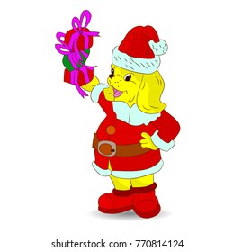 Happy yellow dog in Santa Claus costume, and in paws gifts, cartoon on white background, vector