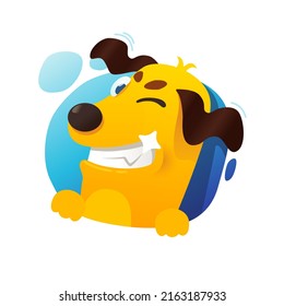 Happy yellow dog smiles and winks at you