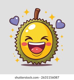 Happy yellow durian cartoon character with big smile and hearts. Cheerful and loving tropical fruit mascot for kids and Valentine themes