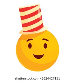 Emoji amarillo feliz sonríe mientras lleva un sombrero de rayas rojas y blancas