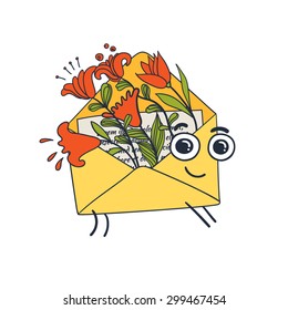 Happy yellow envelope with a letter and flowers.  Hand drawn vector illustration.