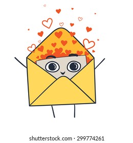 Happy yellow envelope with love letter.  Hand drawn vector illustration.
