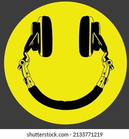 HAPPY YELLOW FACE FORMED WITH HEADPHONES.