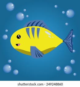 a happy yellow fish on a blue background with bubbles