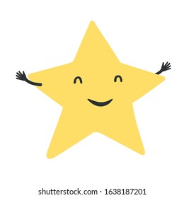 Happy yellow five rays star character, cartoon clipart. Lucky star vector Illustration.