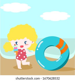 Happy yellow gold curly hair girl in polka dot  pink swimming suit with ice-cream and blue-orange swim ring on beach with summer beautiful light blue sky