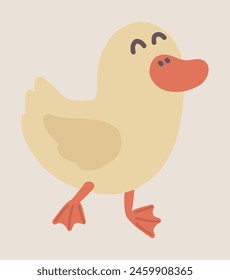 Happy yellow little duckling in flat design. Poultry farm with cute baby duck. Vector illustration isolated.
