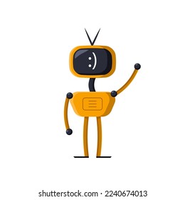 Happy yellow modern toy robot cartoon character illustration. Cute modern bot waving, childish cyborg or assistant for kids on white background. Childhood, AI, technology concept