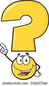 Happy Yellow Question Mark Cartoon Character Pointing With Finger