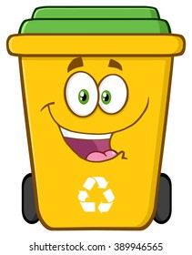 Happy Yellow Recycle Bin Cartoon Character. Vector Illustration Isolated On White Background