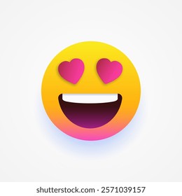 Happy yellow smile face with hearts on its eyes. Funny emoji. Emoticon smiling face. Social media concept. Vector