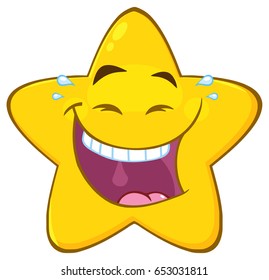 Happy Yellow Star Cartoon Emoji Face Character With Laughing Expression. Vector Illustration Isolated On White Background