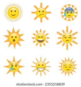 Happy yellow sun emoji with smiled face and sunglasses, hot summer season vector illustration set of sun face, smile expression emotion