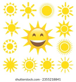 Happy yellow sun emoji with smiled face and sunglasses, hot summer season vector illustration set of sun face, smile expression emotion