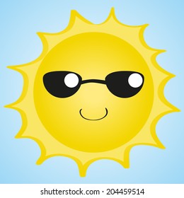 a happy yellow sun with sunglasses in blue background