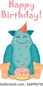Happy Yeti or Bigfoot Cartoon In Sitting Pose with cake. Vector Illustration. Happy Birthday greeting card