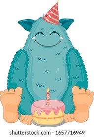 Happy Yeti or Bigfoot Cartoon In Sitting Pose with Cake. Vector Illustration