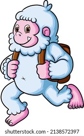 The happy yeti is bringing the bag and ready to school of illustration