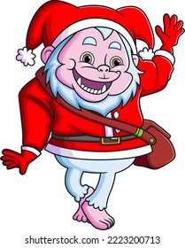The happy yeti dwarf with the santa claus costume is waving the hand and greeting the people of illustration