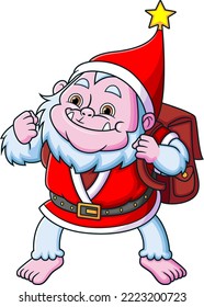The happy yeti dwarf with the santa claus costume is holding the bag for celebrating the christmas of illustration