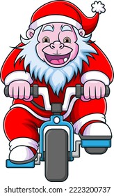 The happy yeti dwarf with the santa claus costume is playing and cycling the bicycle of illustration