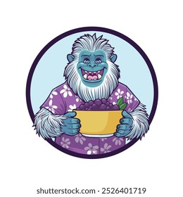 Happy Yeti Holding a Big Bowl of Fruit