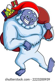 The happy yeti is holding the sack of surprise and showing the happy expression of illustration