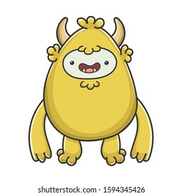 Happy yeti yellow goblin cartoon monster isolated on white