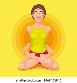 HAPPY YOGA CONCEPT. BEAUTIFULL GIRL SITTING IN POSITION OF LOTUS. FITNESS, PILATES, FLEXIBILITY, HEALTHY LIFSTYLE. VECTOR ILLUSTRATION, CARTOON CHARACTER, POSTER, CARD, BACKGROUND.